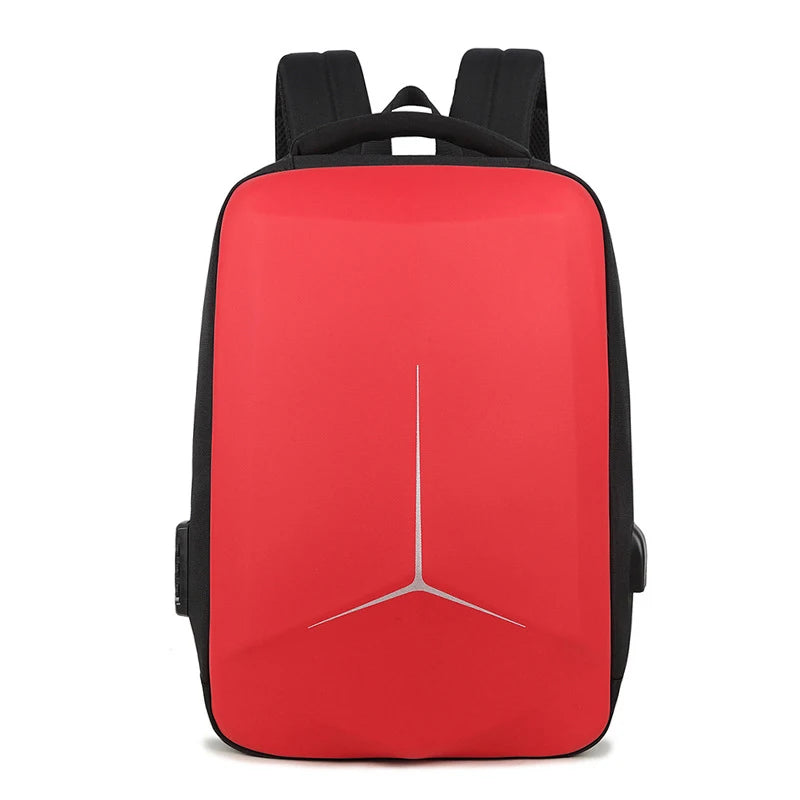 Front-facing view of a red hard-shell laptop backpack with sleek design and minimalist detailing.